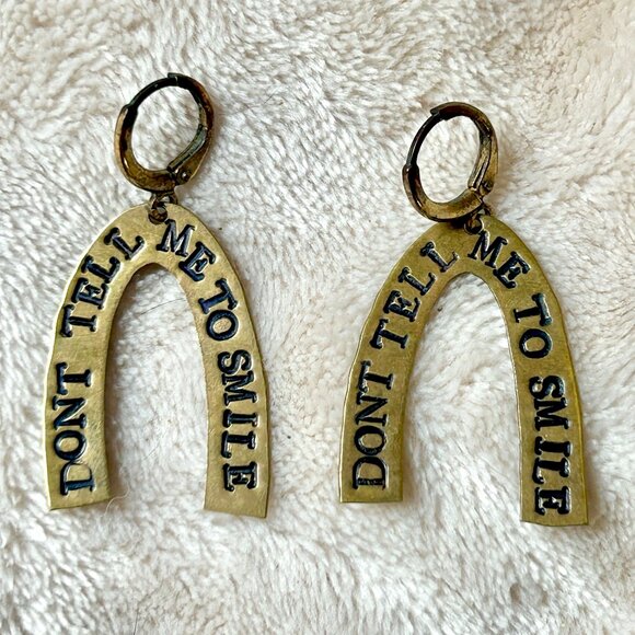 Don't Tell Me to Smile Handmade Brass Earrings - Picture 1 of 3